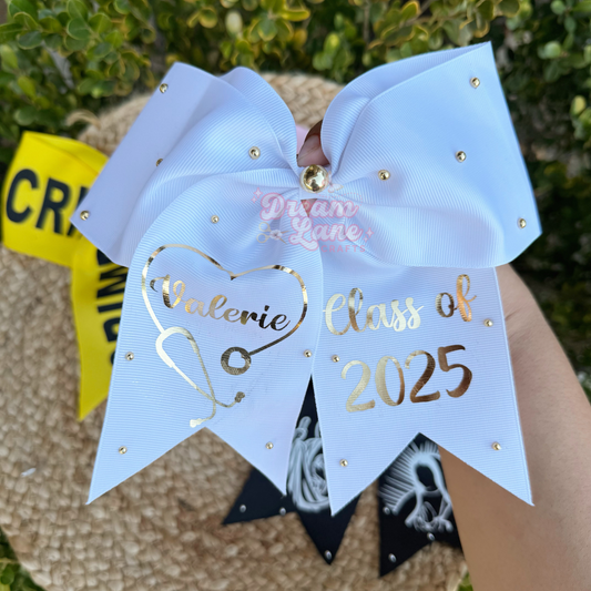 Customizable White With Gold Writing Grad Bow